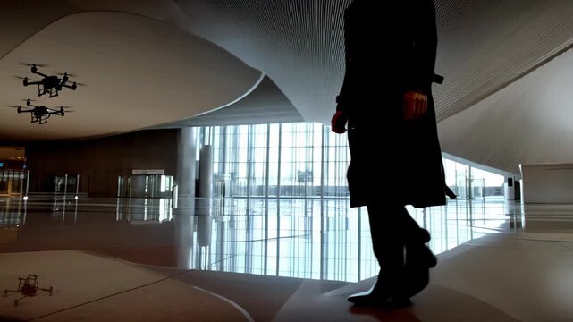 individual moves through modern lobby, individual walking through stylish modern lobby area efficiently, person gracefully moving within sophisticated and modern lobby