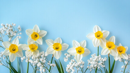 Obraz premium White and yellow daffodils with baby's breath on a light blue background