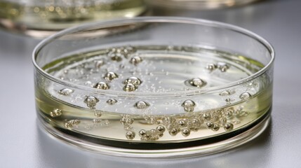 Liquid Experiment with Bubbles and Droplets in Petri Dish for Scientific Research and Laboratory Studies of Fluid Dynamics