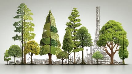 Fototapeta premium Trees with crane in background representing urban development and climate-conscious franchising practices