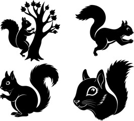 squirrel silhouette vector, Black silhouette of squirrel vector bundle logo illustration set, squirrel head art, squirrel vector illustration