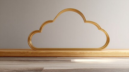 Wooden shelf featuring gold cloud shaped object representing cloud computing icon concept for data storage efficiency