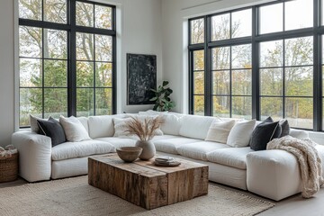 Minimalist style home interior design of modern living room. White corner sofa and rustic wooden coffee table against floor to ceiling window, Generative AI