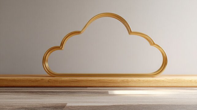 Wooden shelf featuring gold cloud shaped object representing cloud computing icon concept for data storage efficiency - Powered by Adobe