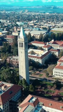 Aerial view of UC Berkeley's iconic Campanile clock tower and campus buildings, showcasing the university's architecture and urban setting in California, USA.