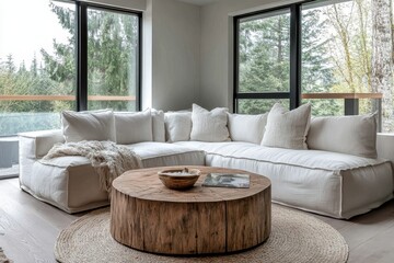 Minimalist style home interior design of modern living room. White corner sofa and rustic wooden coffee table against floor to ceiling window, Generative AI