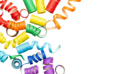 Vibrant, diverse party streamers (red, orange, yellow, green, blue, purple crepe) coiled and unfurled on a transparent background with copy space, top-down view, festive celebration concept.