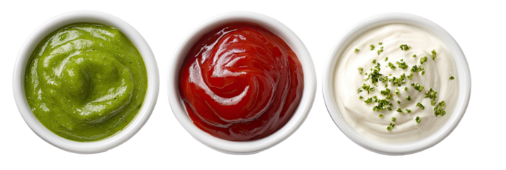 Three small white bowls of sauces a green, a red, and a white