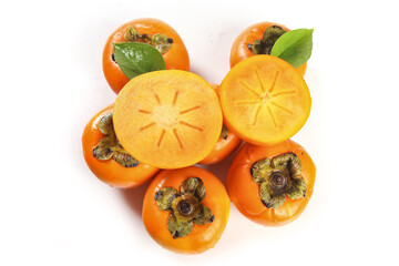 Fresh Fuping Persimmons Whole and Sliced on White Background Showing Sweet Orange Flesh