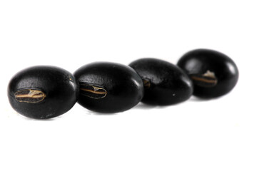 Black sesame beans with yellow heart markings in a row on white background