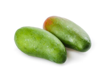 Fresh Green Mangoes with Water Droplets Isolated on White Background