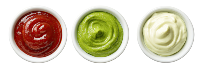 Three small white bowls filled with different sauces (2)