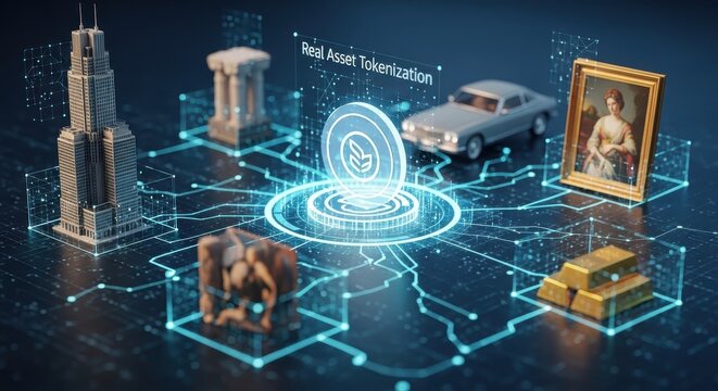 Real Asset Tokenization concept illustration with various valuable objects