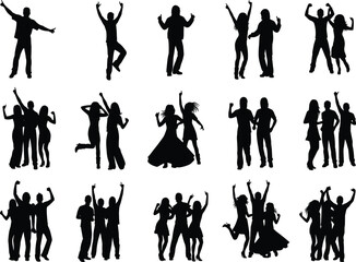 Silhouettes of joyful people dancing, jumping, and celebrating in groups, perfect for party, festival, event, and community vector themes