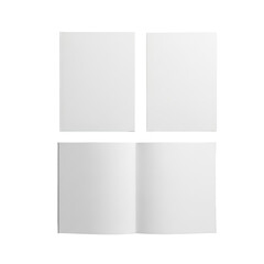 Pristine, blank, white A4 paper booklets, one closed atop an open one with crisp pages, on transparent background, soft shadows, overhead shot, professional mockup concept