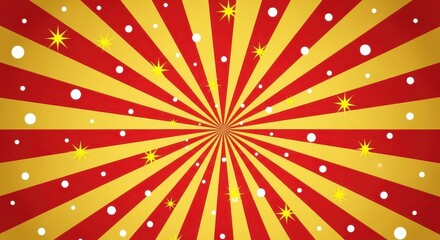 Retro red and gold sunburst with stars and dots background