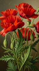 Obraz premium Detailed red poppy blossoms with vibrant leaves and delicate details