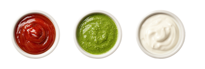 Three small white bowls of sauces