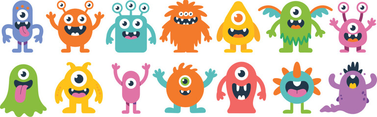 Colorful cartoon monsters collection, cute funny creatures, playful fantasy characters, kids friendly monsters, vibrant imaginative cartoon figures set