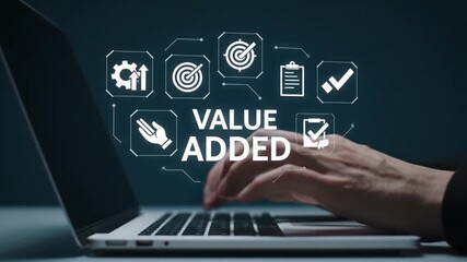 Business person using a laptop with digital icons representing value added concepts like goals progress and checklists - Powered by Adobe