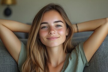 Obraz premium Relaxed young woman sitting at home on the sofa, resting, with her hands behind her head, smiling thoughtfully and dreamily, Generative AI