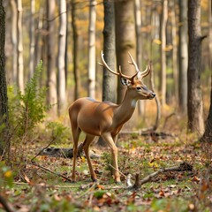 Majestic buck with impressive antlers walking through an autumn forest with fallen leaves