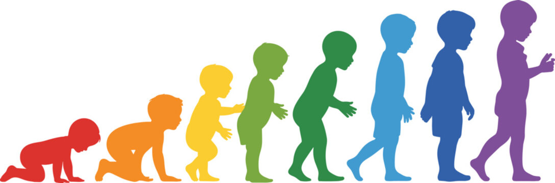 Colorful silhouette of child development stages, crawling to walking progression, toddler growth phases, early childhood milestones, kids learning movement evolution