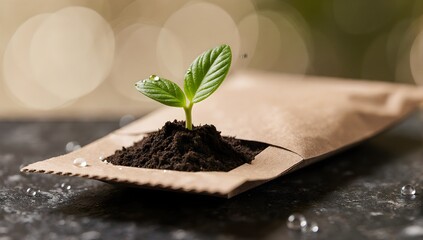 Eco seedling growing in recycled paper pouch