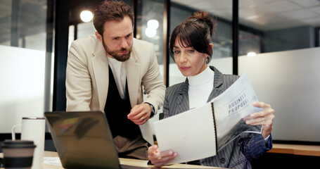 Business, people and reading document in office for finance report, planning and investment...