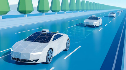 Autonomous vehicles driving on highway with self driving technology illustration