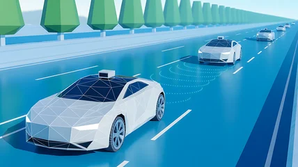 Tableau sur plexiglas Véhicules Autonomous vehicles driving on highway with self driving technology illustration  © Gol