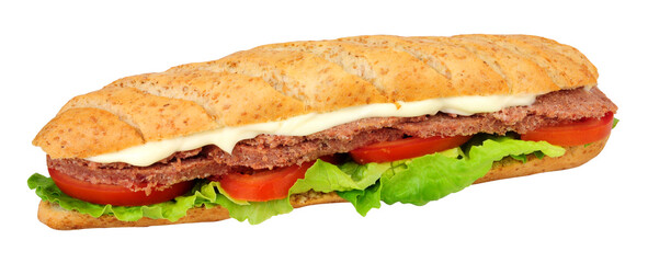Corned beef and salad sandwich in a soft bread baguette isolated on a white background