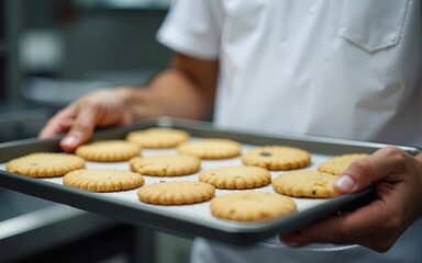 Close up of food factory worker holding tray with cookies. High quality