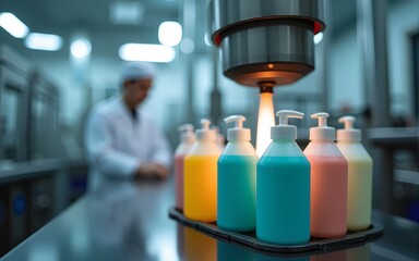 Picture of bottles with hair conditioner in row on exit of pouring machine. Chemical factory interior. In background chemist. High quality