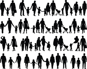 Silhouette of diverse families walking together, parents holding children’s hands, strollers, balloons, children playing, unity, love, parenthood, outdoor family activity