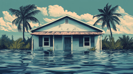Floodwaters surround a house nestled between palm trees a cloudy sky overhead