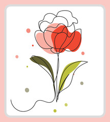 Continuous one line drawing of Pink Tulip flower with Green leaves isolated on white background. Line art. Concept of nature, ecology, organic shapes, Floral Art, Botanical Design