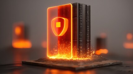 Intense fire burning in a cityscape with a glowing server tower and a security shield symbolizing cyber threats