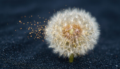 Close-up of delicate white dandelion seed head showing fine fragile details.