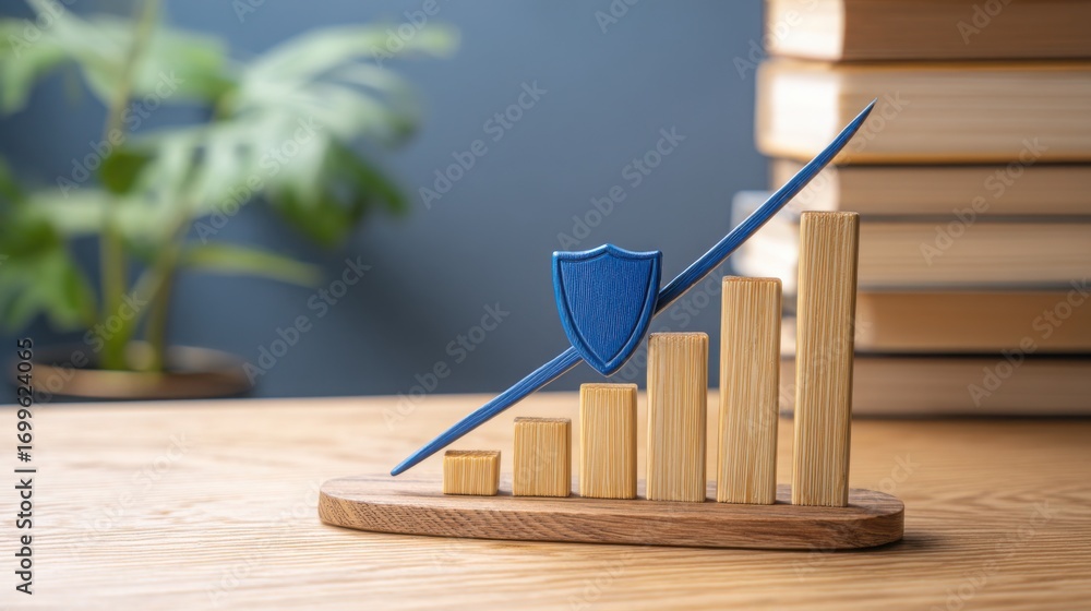 Aufkleber blue arrow positioned on a wooden block symbolizing growth and security in business performance and 