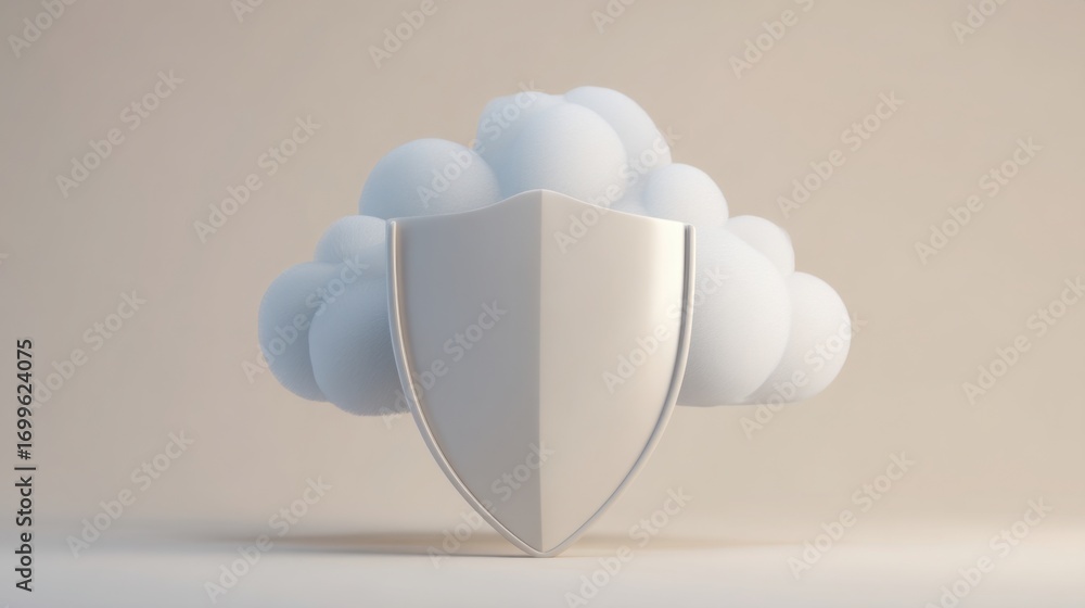 Poster cloud layers overlaid with a shield icon representing data protection and security in cloud computin