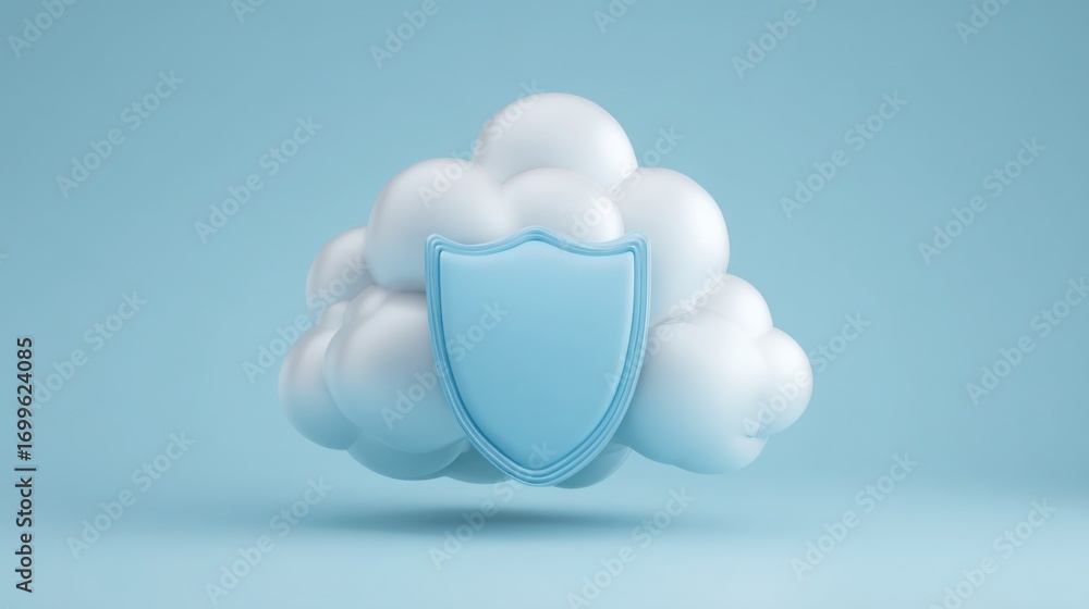 Poster shield positioned on top of cloud layers symbolizing enhanced data protection and security in cloud 