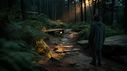 Fototapeta premium Person Stands on a Stone Path in a Forest at Sunset