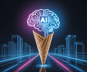 Fototapeta premium Futuristic ai brain emerging from an ice cream cone in a neon city landscape