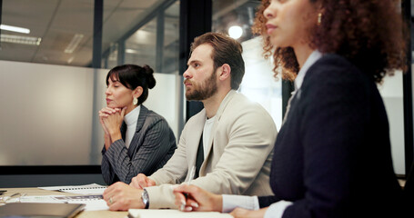 Attention, boardroom and seminar with business people in office together for career development. Education, listening and workshop with employee team in workplace for review or upskill training