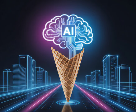 Futuristic ai brain emerging from an ice cream cone in a neon city landscape - Powered by Adobe