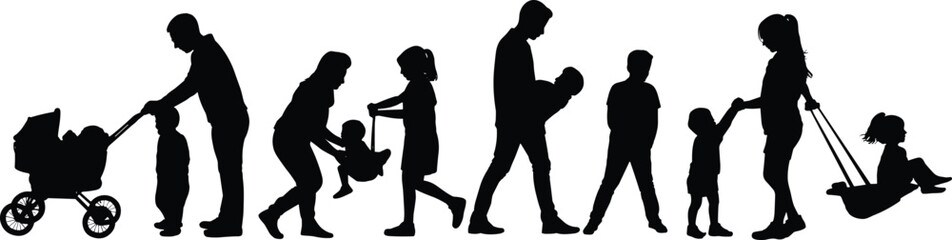 Silhouette of parents and children playing together, family walking, baby stroller, kids swinging, joyful moments, parenting, outdoor activity, happy family time