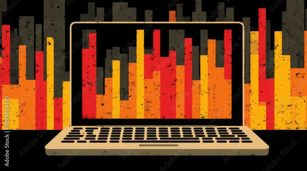 Aufkleber laptop displaying fire on screen representing urgency in smart financial analysis and trading decisi