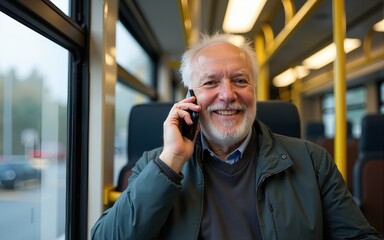 Portrait of happy senior man riding public transportation and talking on his cellphone. High quality