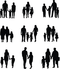 Silhouette of diverse families walking together, parents with children, holding hands, family bonding, love, unity, black vector art illustration